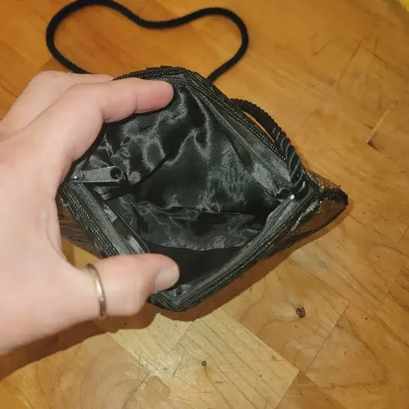 Vintage bugle glass beads 80s purse shoulder EVENING bag black gold silver blue - Picture 4 of 7